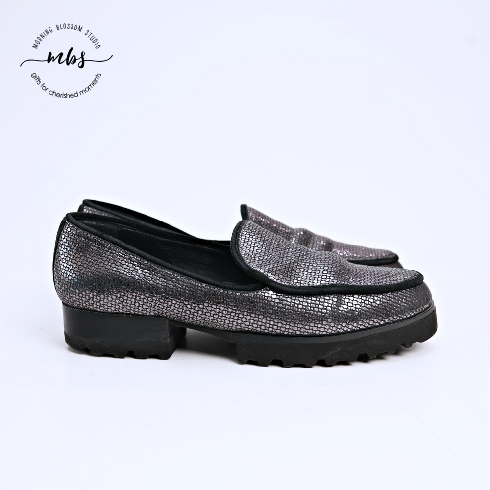 Donald Pliner Elen Metallic Platform Loafers Black Silver Women 7.5